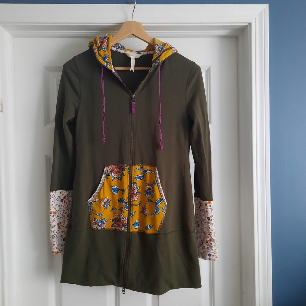 Matilda Jane Hoodie Womens Medium Green Floral Patchwork‎ Boho Tunic Full Zip
